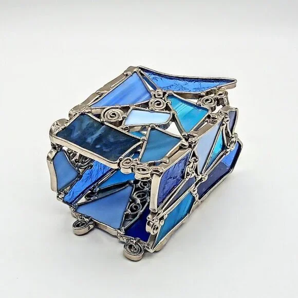 Blue Stained Glass Silver Swirl Candle Holder